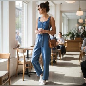 BOHO Denim Cotton Wide Leg Jumpsuit with Belt SZ Small